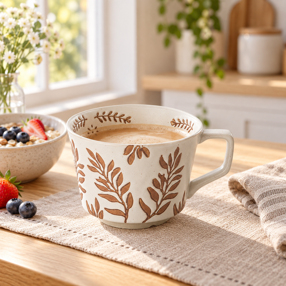 Ceramic embossed breakfast cup/oatmeal mug – fresh, minimalist style – water/coffee cup